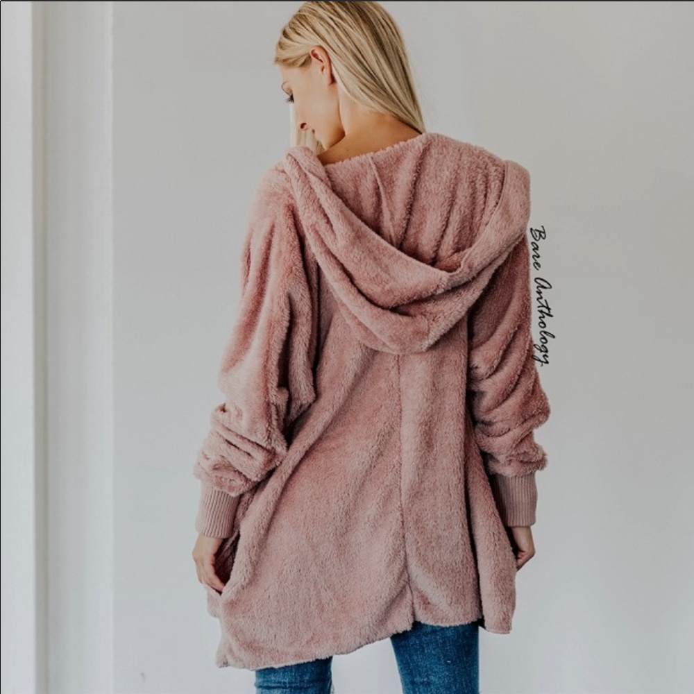 SUPER SOFT FAUX FUR HOODED CARDIGAN IN BLUSH - Picture 2 of 3